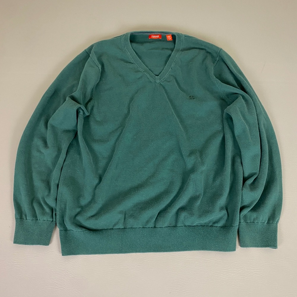 IZOD‎ Sweater Men's Size XL Solid Green Teal V-Neck Long Sleeve 100% Cotton